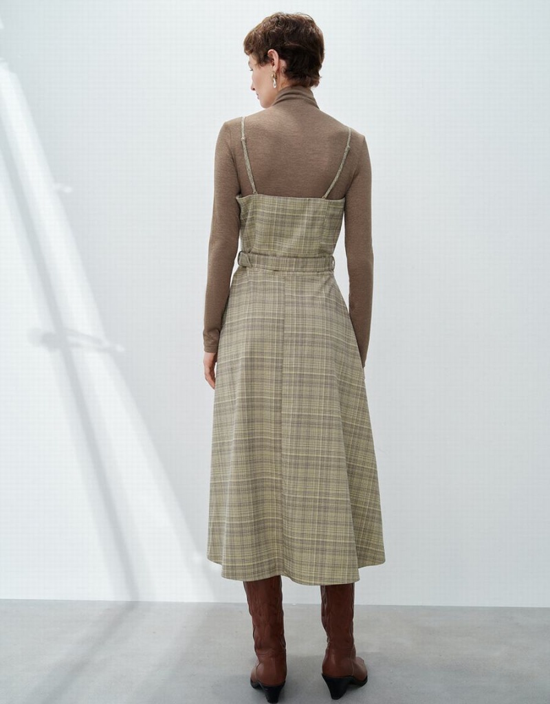 Peignoir Urban Revivo Plaid Sans Manches V-Neck A-Line Femme Kaki | GXM1340FG