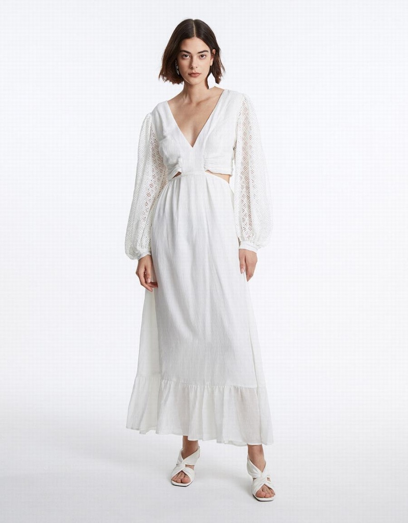 Peignoir Urban Revivo Plain Cut Out Plunging Ruffle Hem Femme Blanche | BGV5682XH
