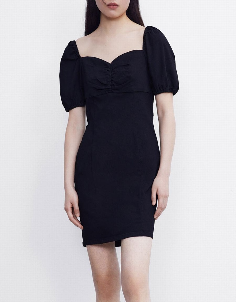 Peignoir Urban Revivo Ruched Front Puff Sleeve Denim Femme Noir | UZW1295QV