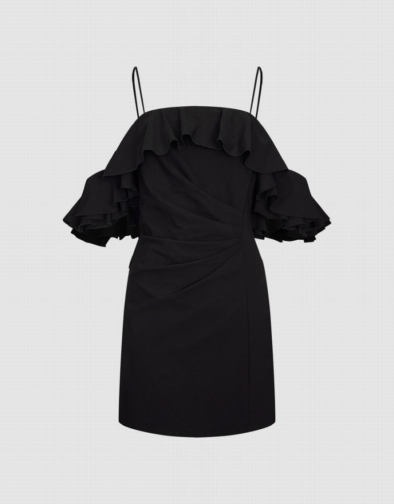 Peignoir Urban Revivo Ruffle Off-Shoulder Mince Femme Noir | YJT4114TW