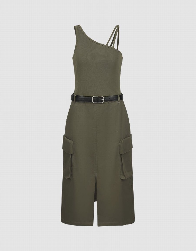 Peignoir Urban Revivo Sans Manches One Shoulder Droit With Belt Femme Vert | GED6442RI