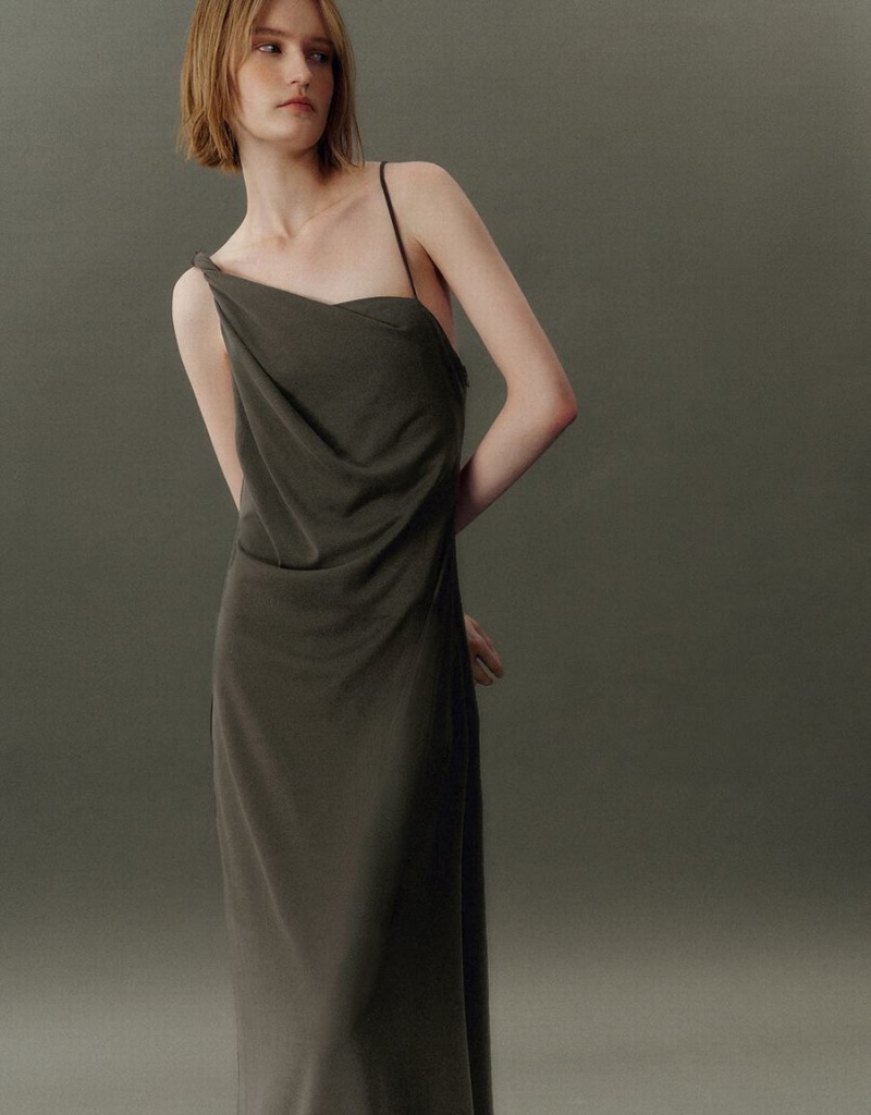 Peignoir Urban Revivo Sans Manches One Shoulder Mince Ruched Femme Vert | ZPQ9670FZ