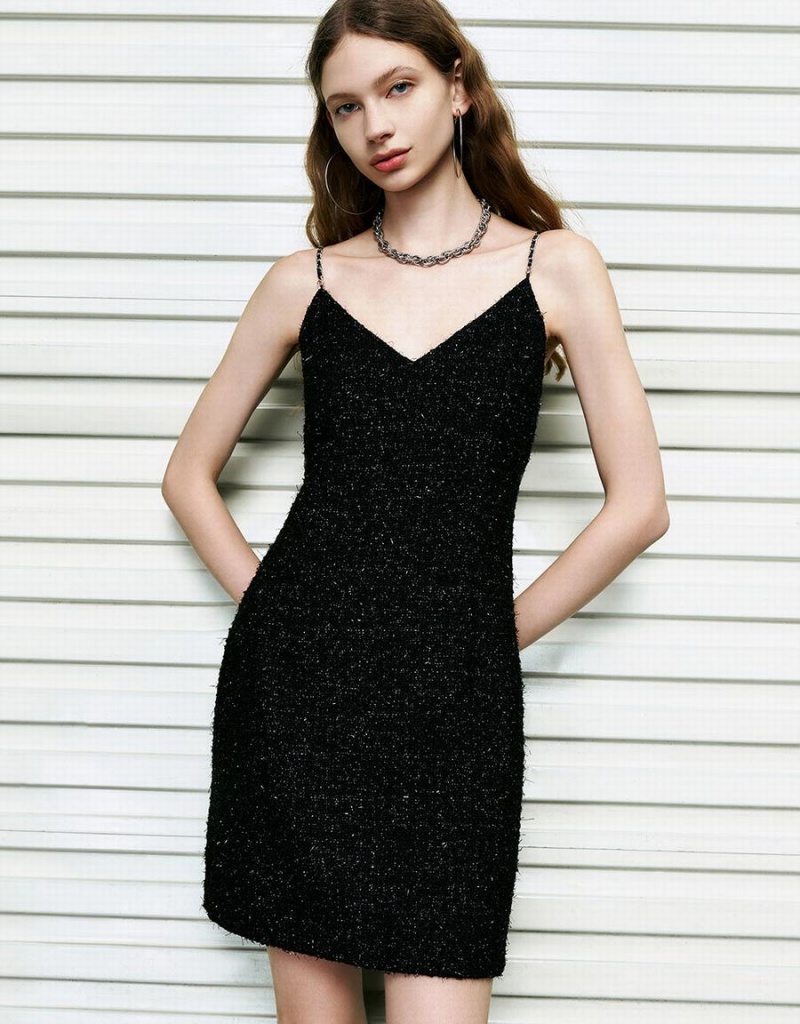 Peignoir Urban Revivo Sans Manches Tweed V-Neck Droit Femme Noir | REX9062FN