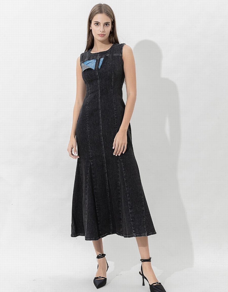 Peignoir Urban Revivo Sans Manches U Neck Denim A-Line Femme Grise Foncé | TTL7711YN