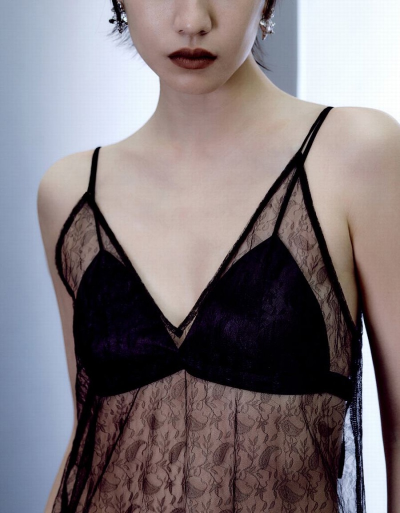 Peignoir Urban Revivo Sans Manches V-Neck Droit Sheer Femme Noir | EIK3793KZ