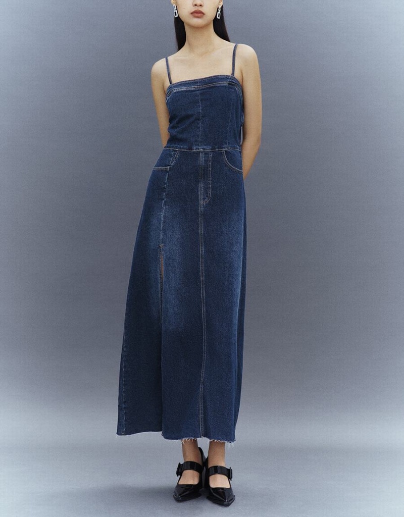 Peignoir Urban Revivo Split Hem Off-Shoulder Denim Cami Femme Bleu | HHM728AY