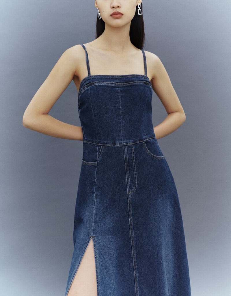 Peignoir Urban Revivo Split Hem Off-Shoulder Denim Cami Femme Bleu | HHM728AY
