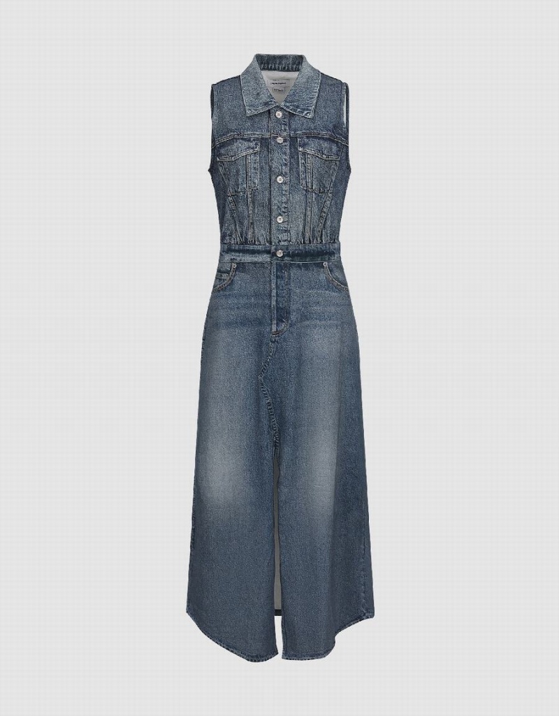 Peignoir Urban Revivo Split Hem Sans Manches Denim Femme Bleu | ONW7277WJ