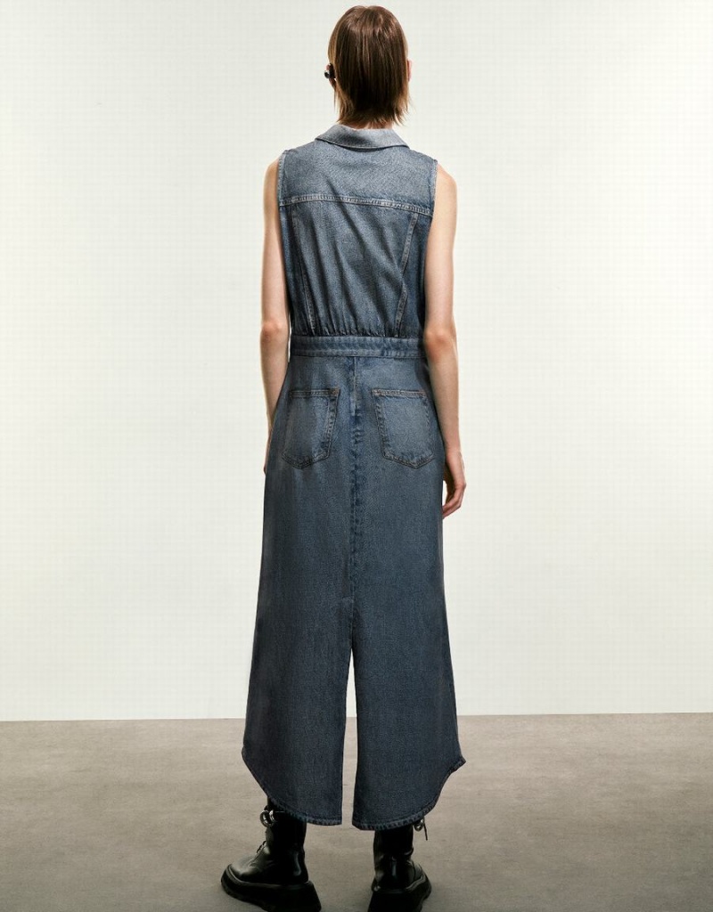 Peignoir Urban Revivo Split Hem Sans Manches Denim Femme Bleu | ONW7277WJ