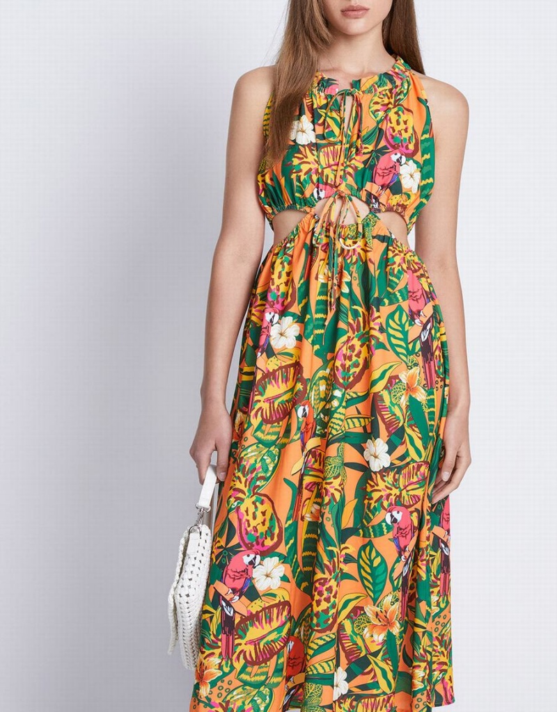 Peignoir Urban Revivo Tropical Print Cut Out Sans Manches Midi Sun Femme Jaune | QXO3980ZD
