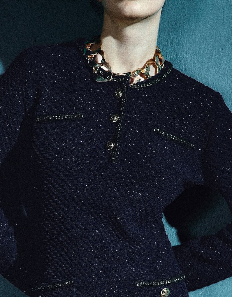 Peignoir Urban Revivo Tweed Crew Neck Tricoté Femme Bleu | NLZ9014UO