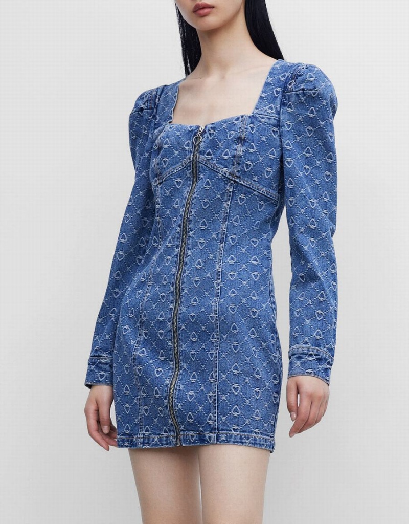 Peignoir Urban Revivo Zip Front Puff Sleeve Denim Femme Bleu | IHE7335AW