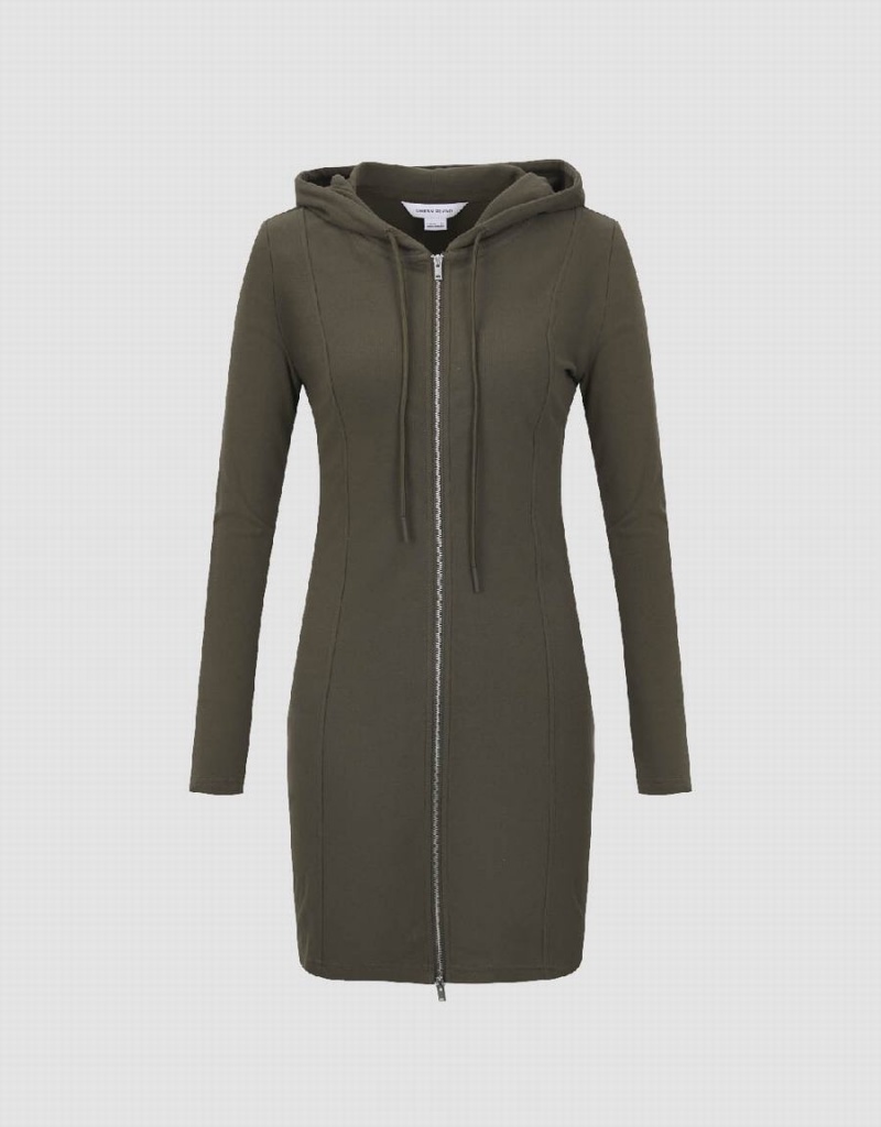 Peignoir Urban Revivo Zippé Front Encapuchonné A-Line Femme Vert | NQD1577TF
