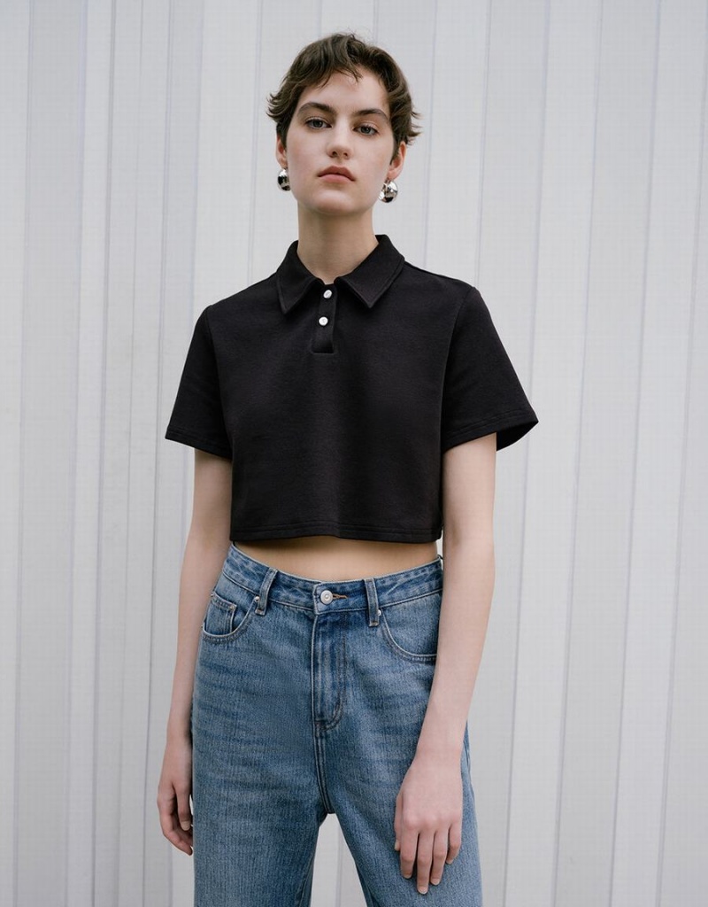 Polos Urban Revivo Standard Sleeve Droit Femme Noir | NRS7563CF