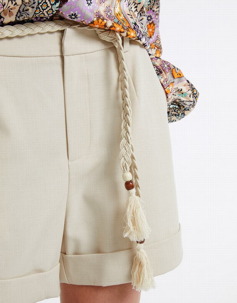 Short Urban Revivo Denim With Tassle Belt Femme Blanche | IYJ4162DQ