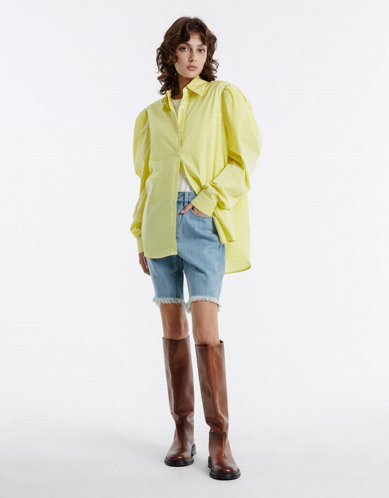 Short Urban Revivo Frayed Hem Denim Femme Bleu | IXG7397BO