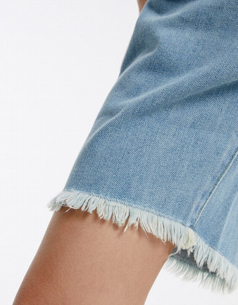 Short Urban Revivo Frayed Hem Denim Femme Bleu | IXG7397BO