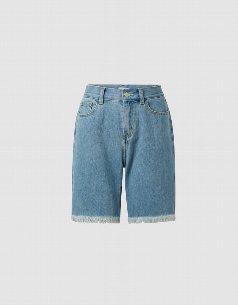 Short Urban Revivo Frayed Hem Denim Femme Bleu | IXG7397BO