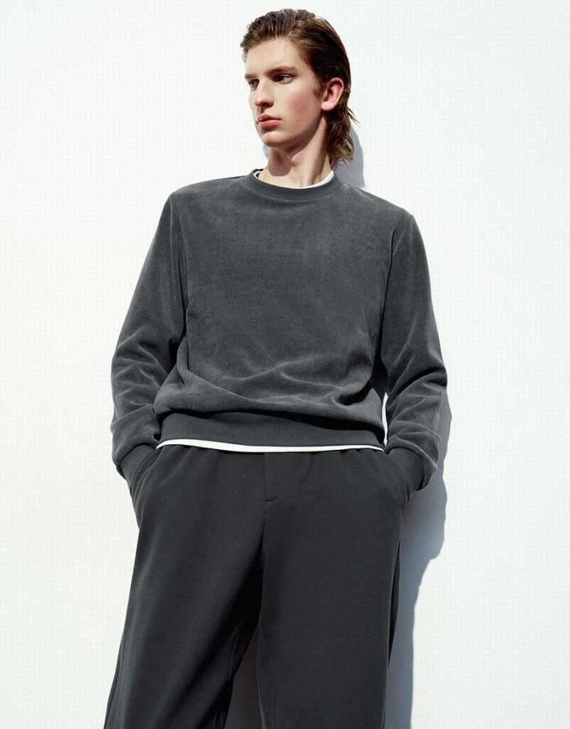 Sweats Urban Revivo Crew Neck Droit Homme Grise Foncé | SUO884LS