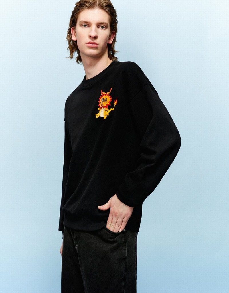 Sweats Urban Revivo Dragon Embossed Crew Neck Homme Noir | VZX6720VD