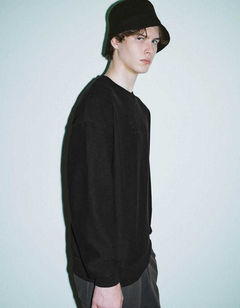 Sweats Urban Revivo Letter Embossed Crew Neck Homme Noir | ZGM1742AM