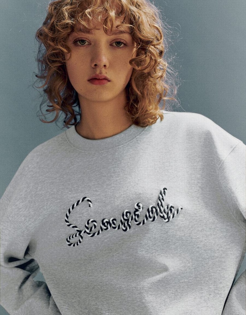 Sweats Urban Revivo Letter Embroidered Crew Neck Loose Femme Grise Clair | ZVM715BT