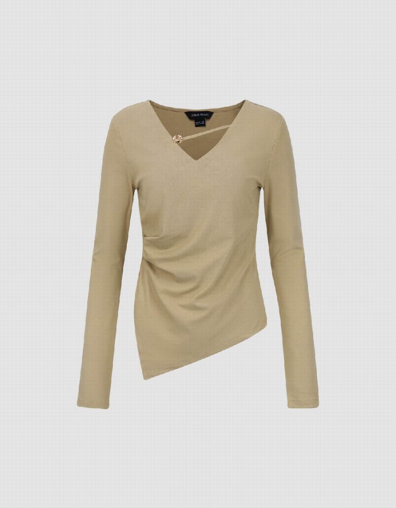 T Shirts Urban Revivo Asymmetric V-Neck Mince Femme Kaki | SBW4293BB