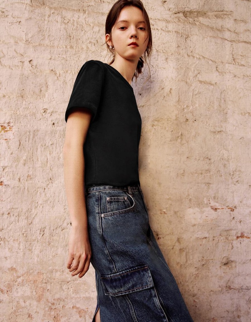 T Shirts Urban Revivo Basic Crew Neck Femme Noir | VHV3274IW