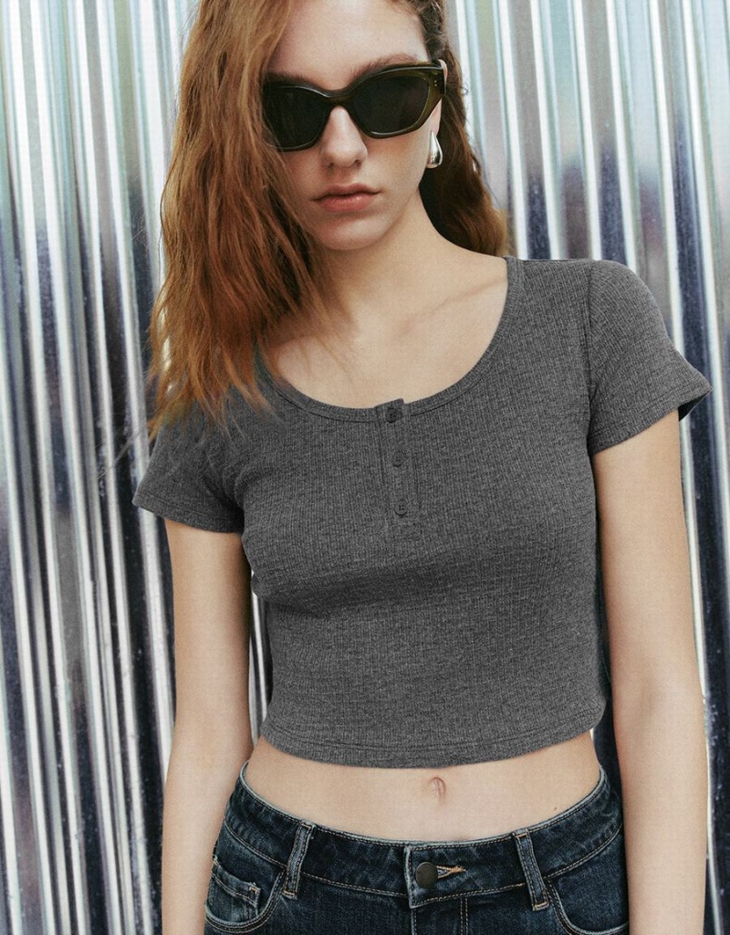 T Shirts Urban Revivo Basic Crew Neck Femme Grise | JNC6266BV