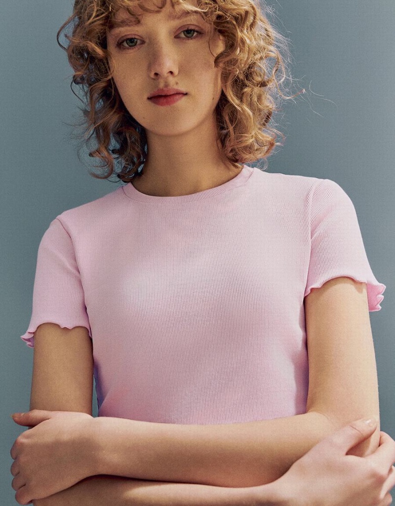 T Shirts Urban Revivo Basic Crew Neck Mince Femme Rose | LPB791OV