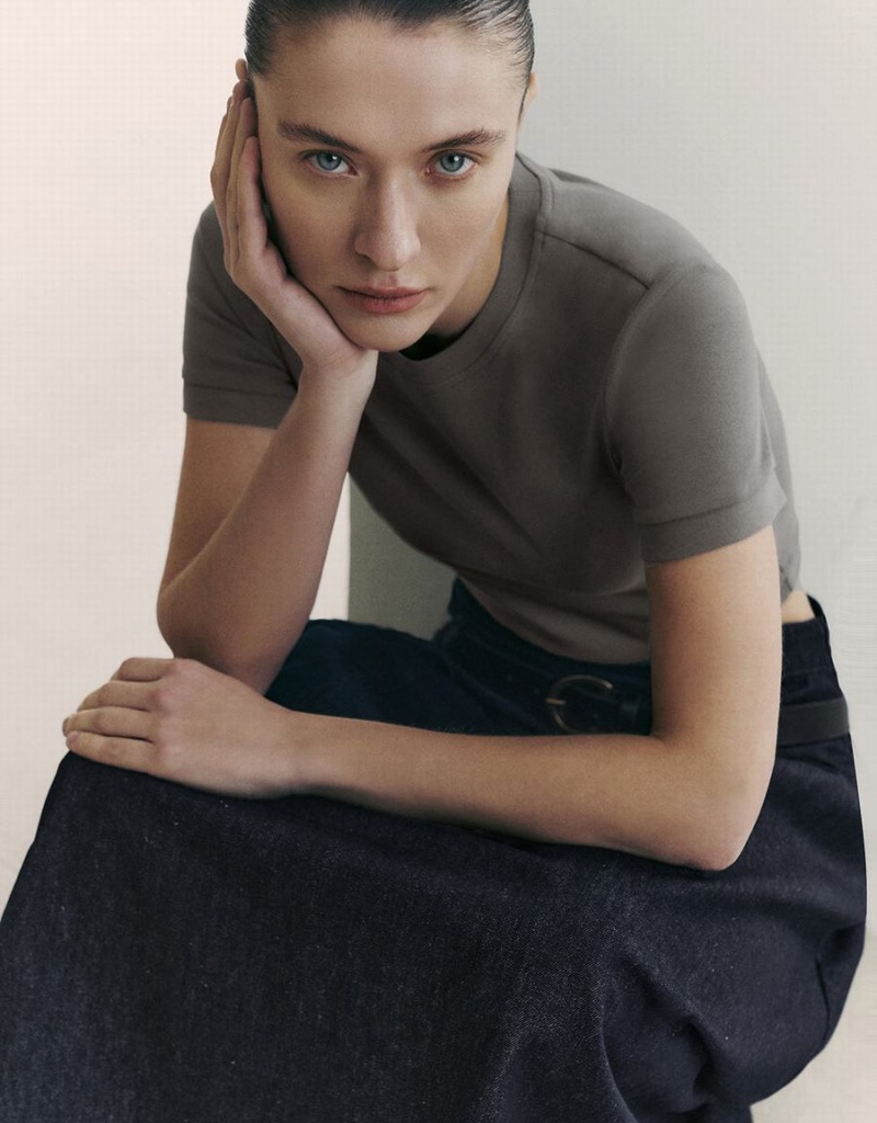 T Shirts Urban Revivo Basic Crew Neck Mince Femme Grise Foncé | UXD6989FP