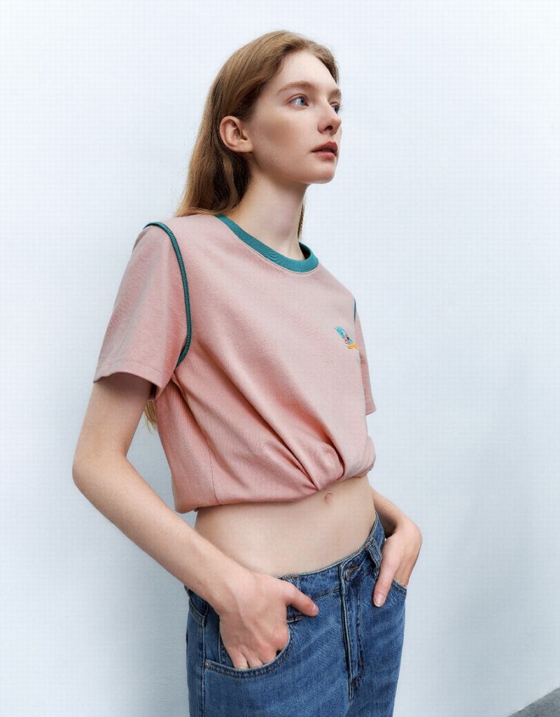 T Shirts Urban Revivo Crew Neck Droit Femme Rose | GUW10100RS
