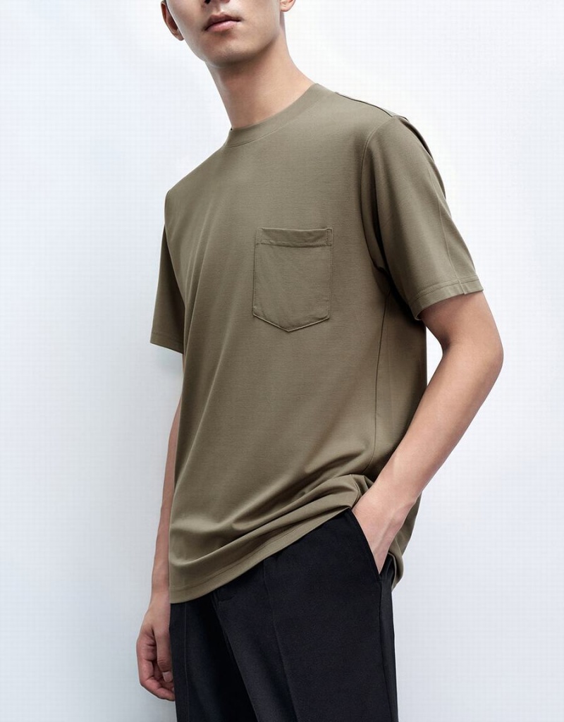 T Shirts Urban Revivo Crew Neck Loose Homme Kaki | RMJ5814NM