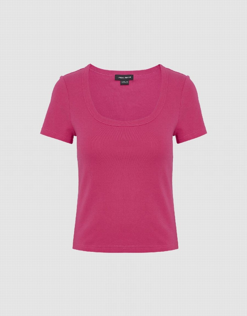 T Shirts Urban Revivo Crew Neck Mince Femme Rose Rouge | XUZ9627GI