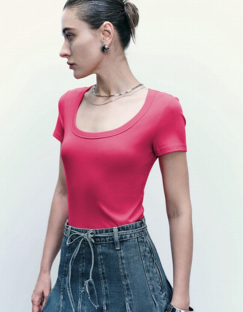 T Shirts Urban Revivo Crew Neck Mince Femme Rose Rouge | XUZ9627GI