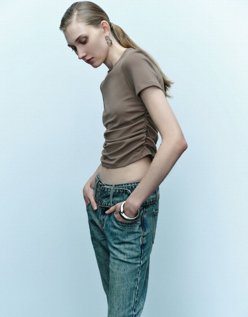 T Shirts Urban Revivo Crew Neck Mince Femme Marron Foncé | DIW2179MJ