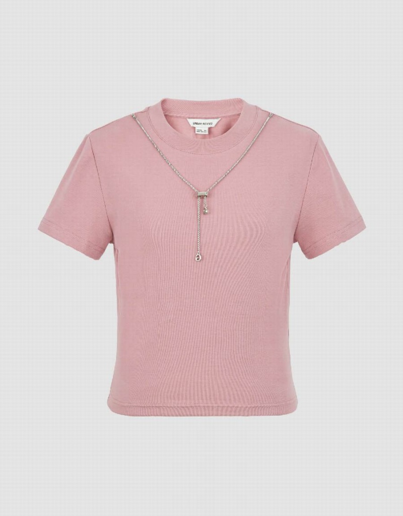 T Shirts Urban Revivo Crew Neck Mince With Necklace Femme Rose | MHN4372GP