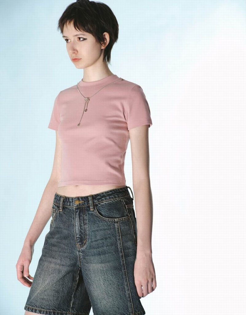 T Shirts Urban Revivo Crew Neck Mince With Necklace Femme Rose | MHN4372GP