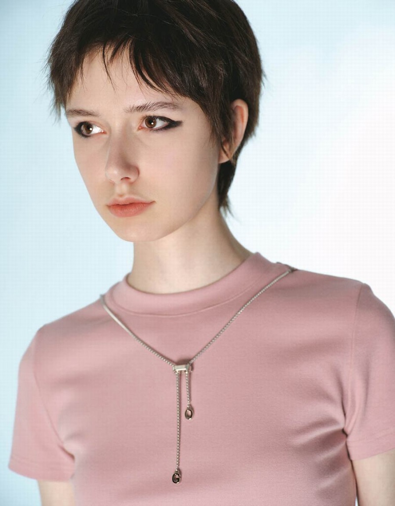 T Shirts Urban Revivo Crew Neck Mince With Necklace Femme Rose | MHN4372GP