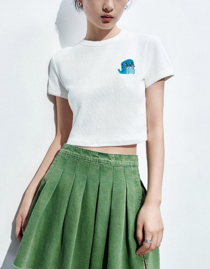 T Shirts Urban Revivo Crew Neck Tricoté Femme Blanche | KMU6873AR
