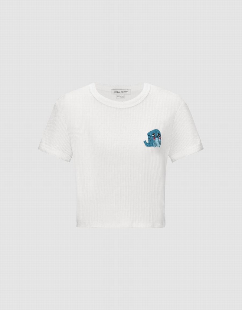 T Shirts Urban Revivo Crew Neck Tricoté Femme Blanche | KMU6873AR