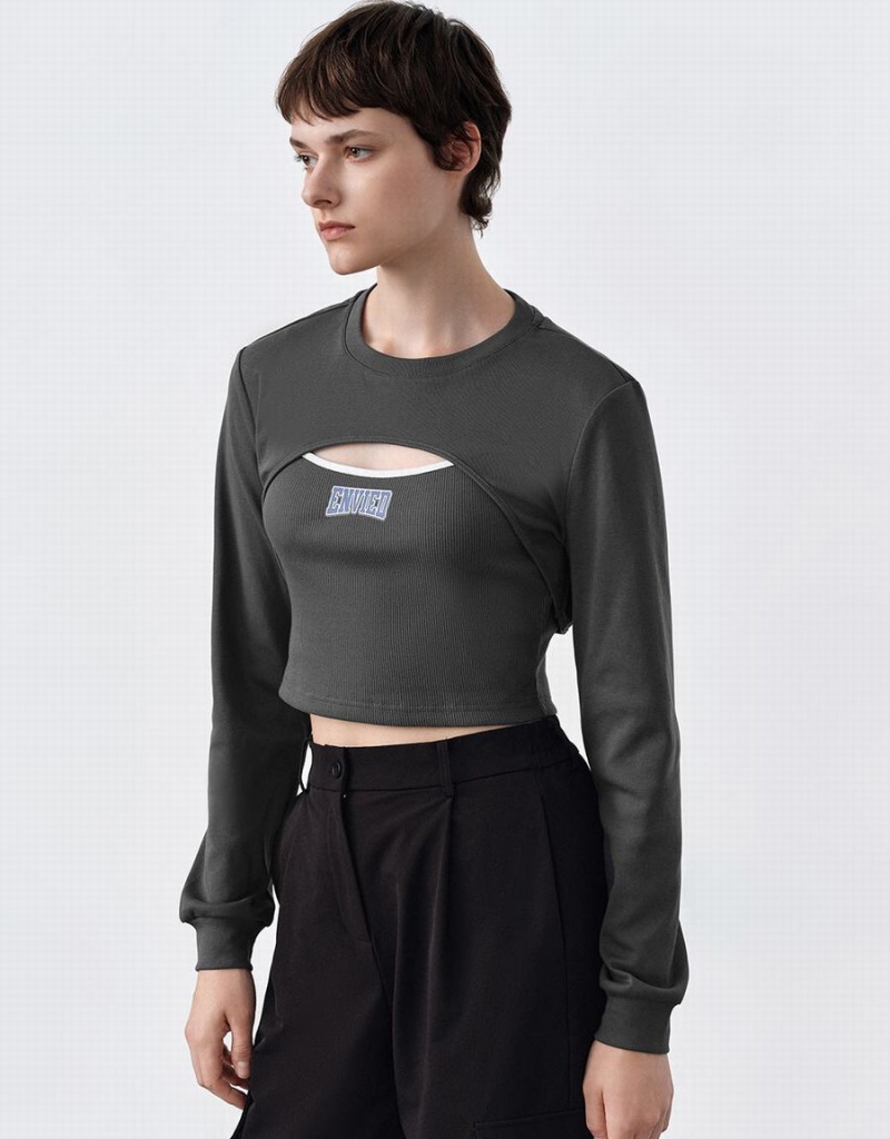 T Shirts Urban Revivo Cut-Out Crew Neck Tricoté Femme Grise Foncé | FCE8448OI
