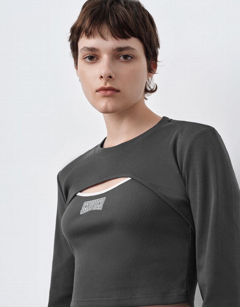 T Shirts Urban Revivo Cut-Out Crew Neck Tricoté Femme Grise Foncé | FCE8448OI