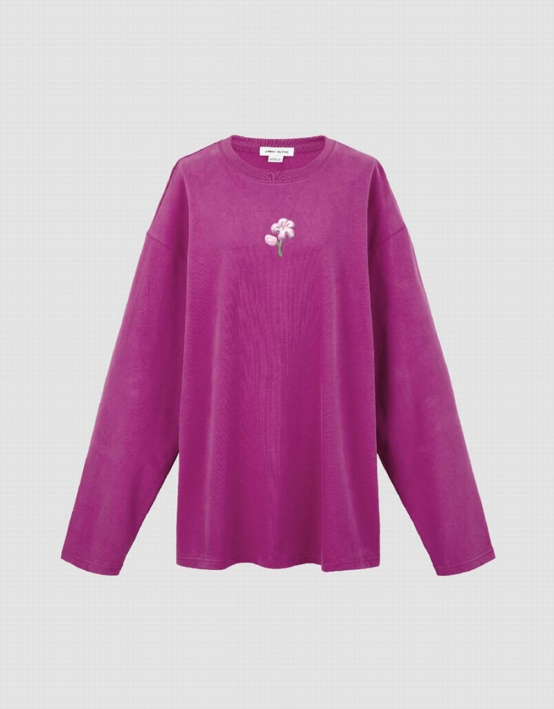 T Shirts Urban Revivo Flower Embossed Crew Neck Loose Femme Violette | EUH396ZQ