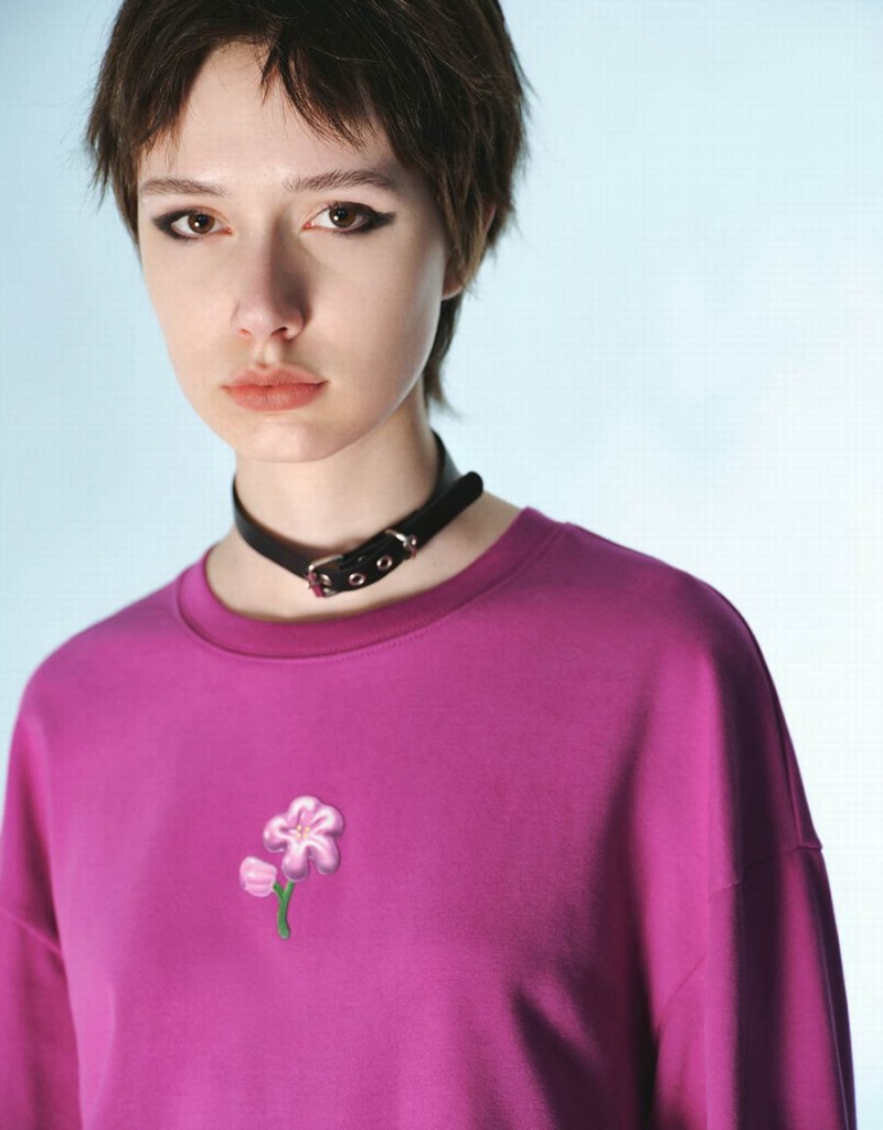 T Shirts Urban Revivo Flower Embossed Crew Neck Loose Femme Violette | EUH396ZQ