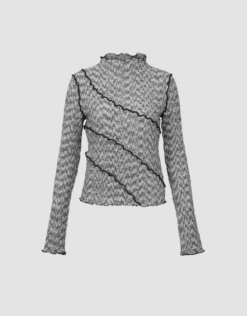 T Shirts Urban Revivo Frill Trim Crew Neck Mince Femme Grise Clair | GMI3416GC