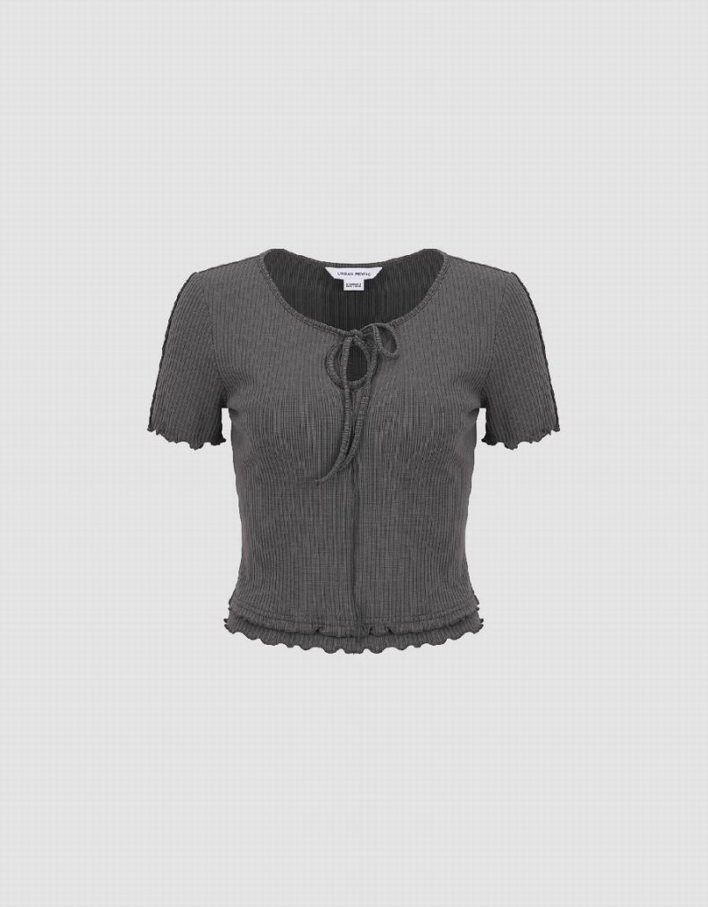 T Shirts Urban Revivo Frill Trim Tie Front Tricoté Femme Grise | CSQ1937NH