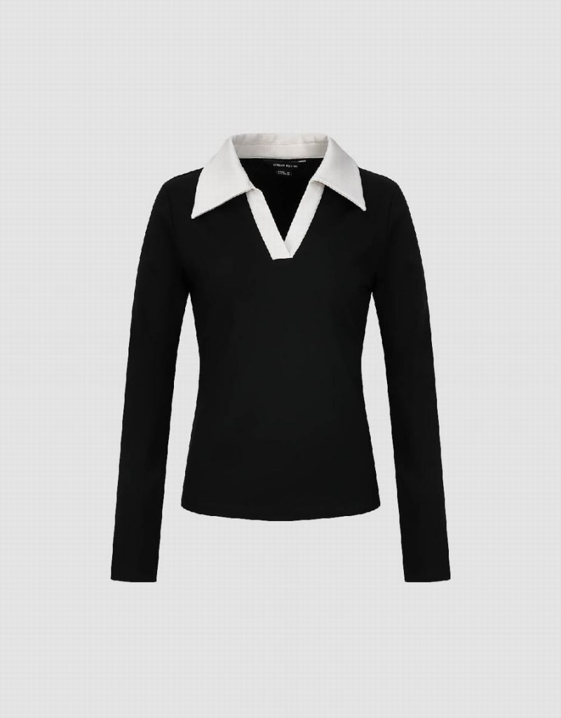 T Shirts Urban Revivo Lapel Mince Tricoté Femme Noir | RZJ846AK