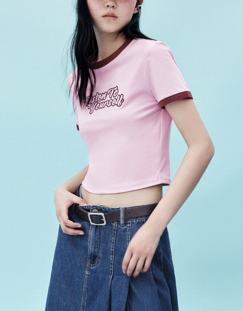 T Shirts Urban Revivo Letter Printed Crew Neck Regular Femme Rose | PPG589SB