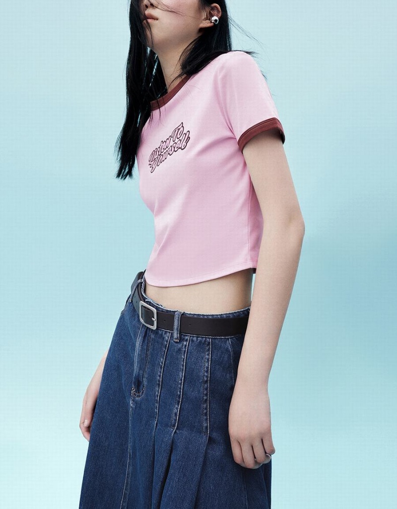 T Shirts Urban Revivo Letter Printed Crew Neck Regular Femme Rose | PPG589SB